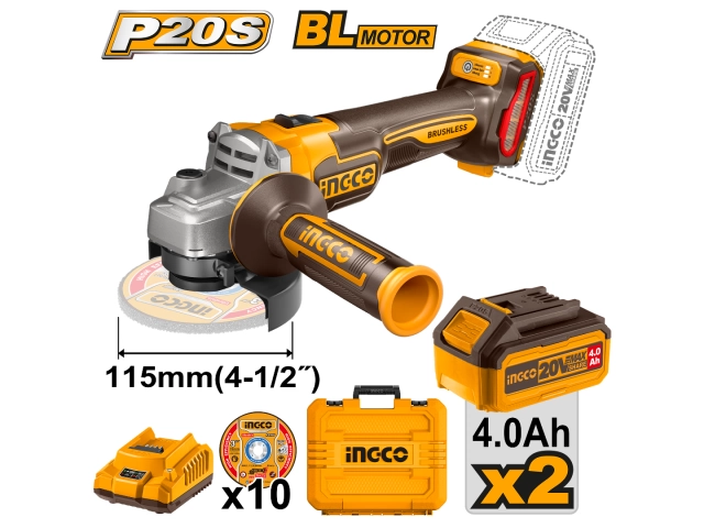 AMOLADORA 20V BL + 2 BAT 4AH+ VALIJA Y DISCOS INGCO