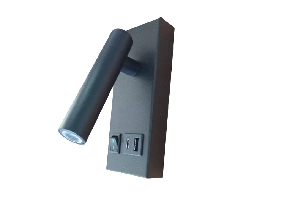 APLIQUE LED 2W DORMITORIO TUBULAR C/TOMA USB 3000K CALIDA NEGRO