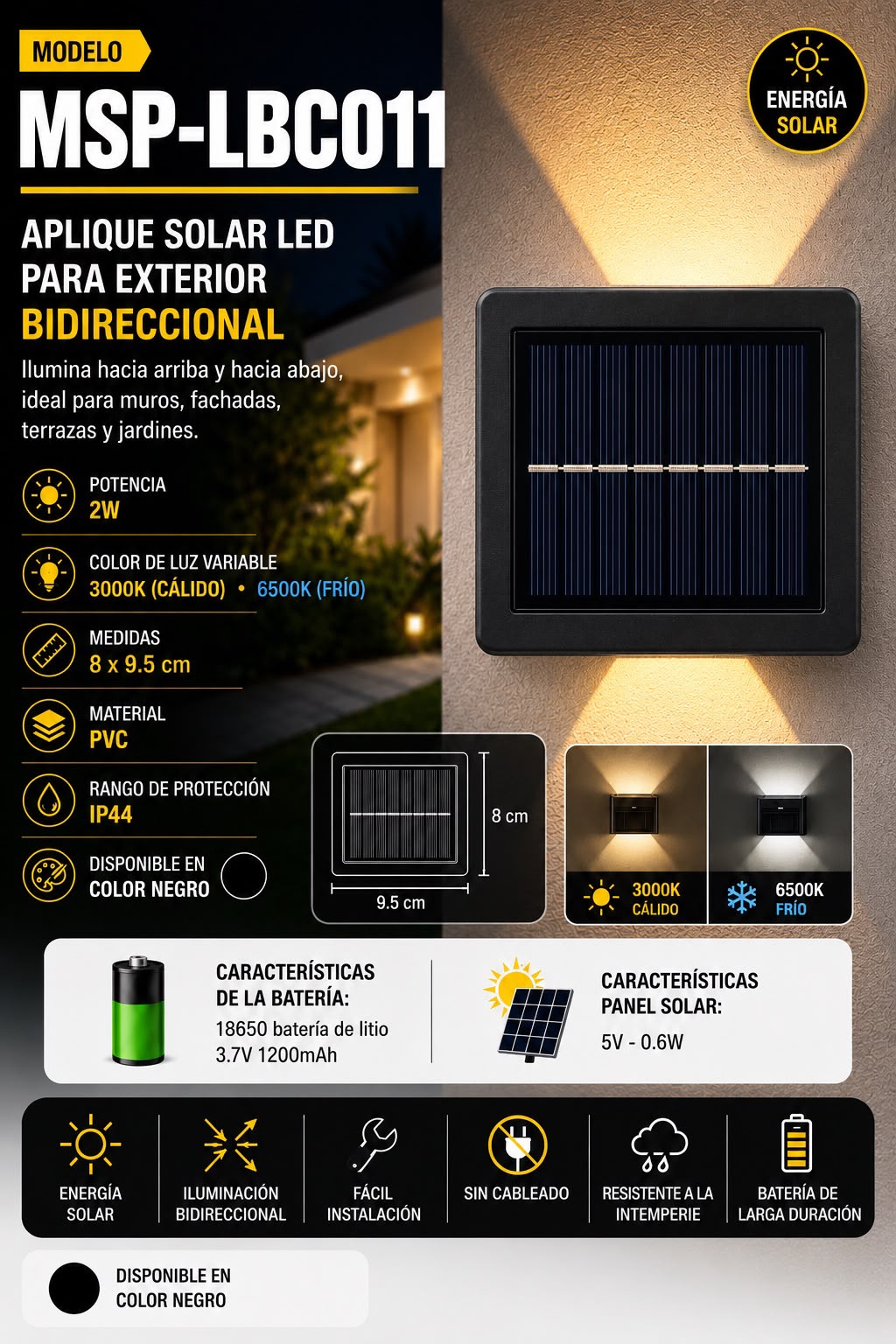 APLIQUE SOLAR LED ANGULO Y COLOR DE LUZ AJUSTABLE